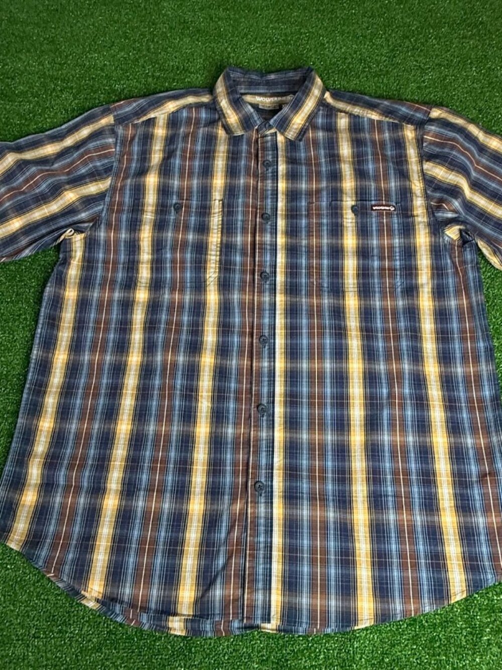 Wolverine Short Sleeve Button Up Blue Brown Plaid Pattern Shirt Mens Size XL